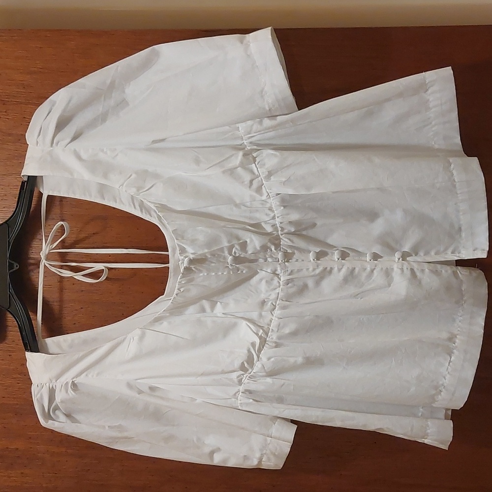 Anthropologie White Peasant Puff-Sleeve Button Front Blouse